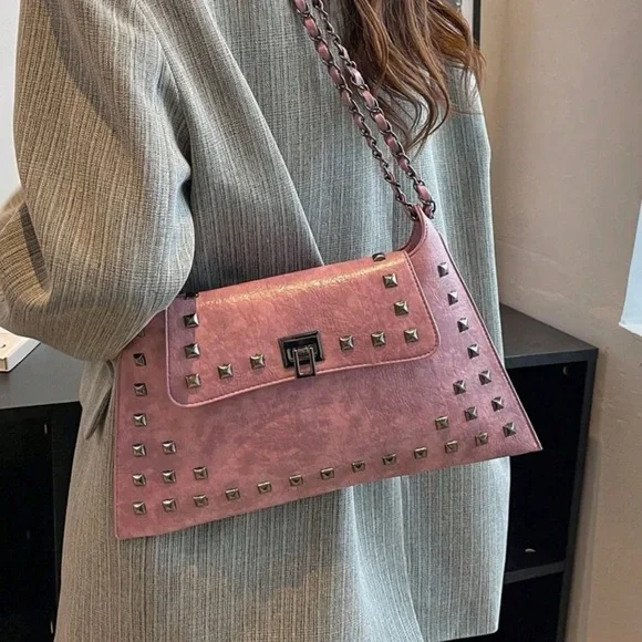 Pink Studded Women's Bag With Lock Closure - Picture 2 of 4